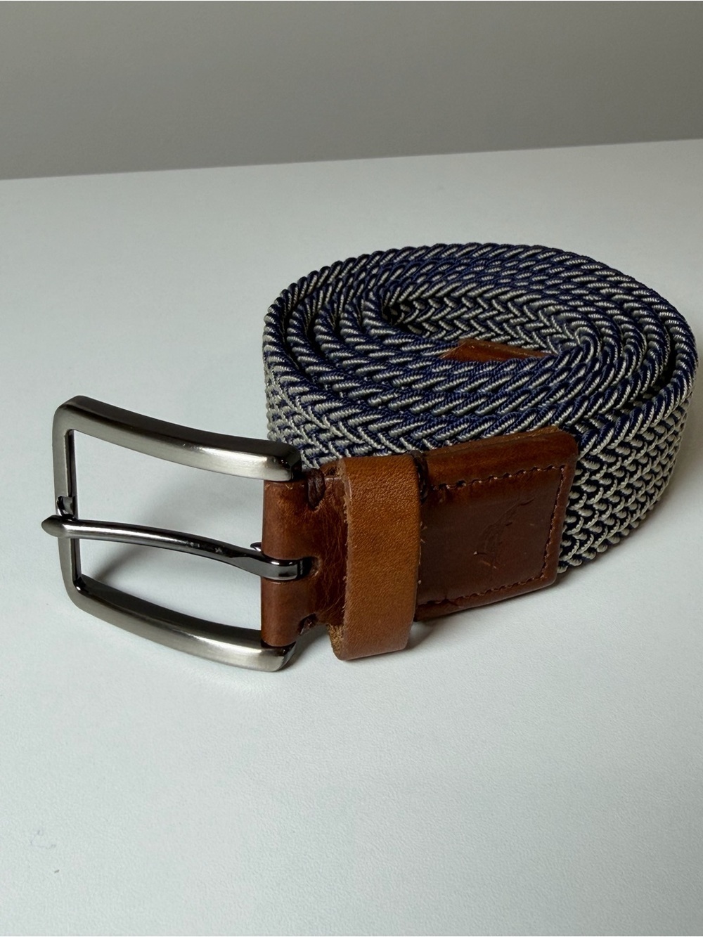 Tommy Bahama Large XL Navy & Cream Woven Elastic Belt with Brown Leather Trim